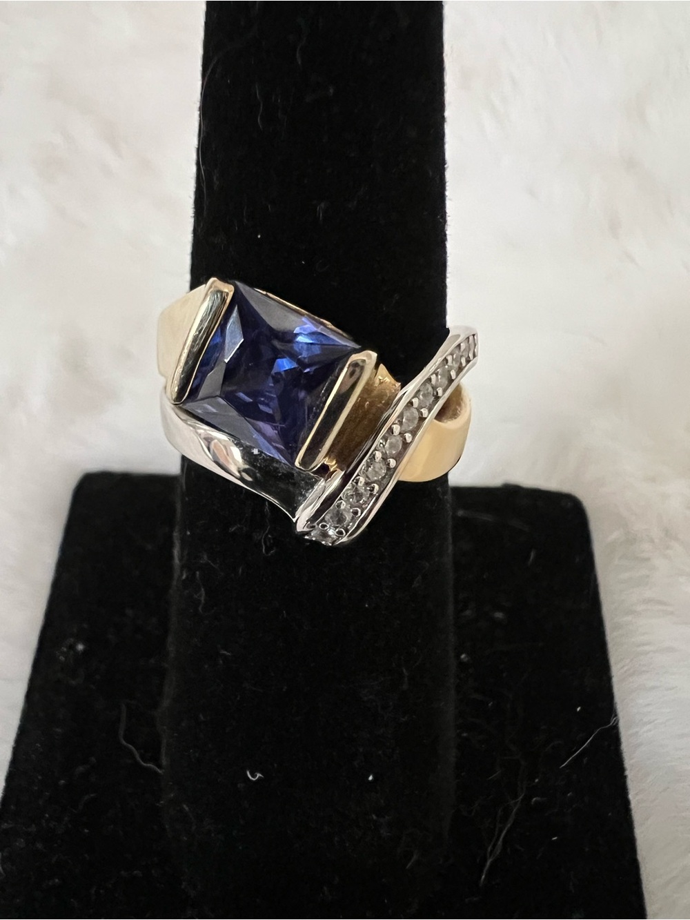 Elegant 18K Gold Over Sterling Ring with CZ Tanzanite Gem and Accent Stone